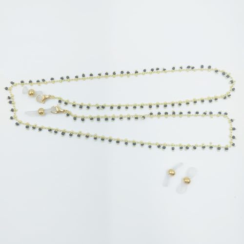 Image of Beaded Eyeglass Chain Holder, Gold Stainless Steel Chains with Black Crystal Beads, Sunglasses Strap