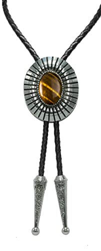 Image of Moranse Bolo Tie with Natural Tiger Eye Stone Celtic Style Genuine and Cowhide Rope