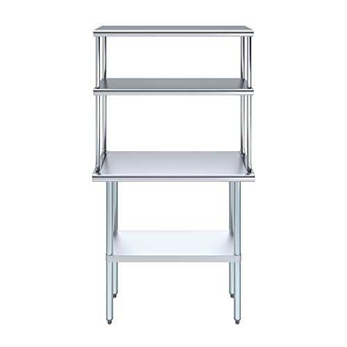 Image of AmGood Stainless Steel Work Table with 12 inch Wide Double Tier Overshelf | Metal Kitchen Prep Table & Shelving Combo | NSF (Stainless Steel Table with Double Overshelves, 36 inch Long x 14 inch Deep)