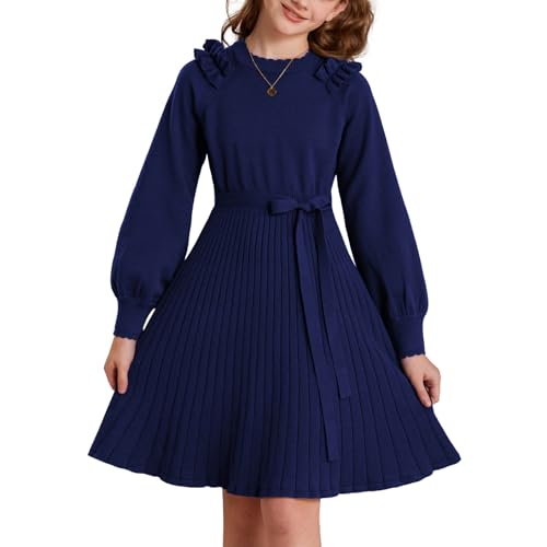 GRACE KARIN Mädchen Elegant Winter Strickkleid mit Schleife Lang...