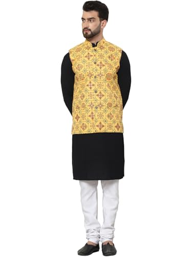 Image of SOJANYA (Since 1958 Men's Cotton Linen Maroon Kurta and White Pyjama with Mustard Cotton Nehru Jacket