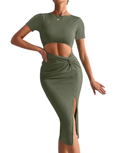 Image of Rooscier Women's Twist Cutout Waist Split Crewneck Short Sleeve Bodycon Midi Dress