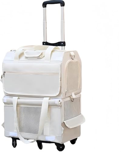 NUOMIE ペット キャリーバッグ 二層 手提げ ショルダー掛け 取り外し可能 メッシュ 独立スペース ペットカート 携帯便利 大容量 360度回転キャスター 多機能 軽量化 型崩れ防止 簡単組み立て おしゃれデザイン ペットとのお出かけ 安心感 (ホワ