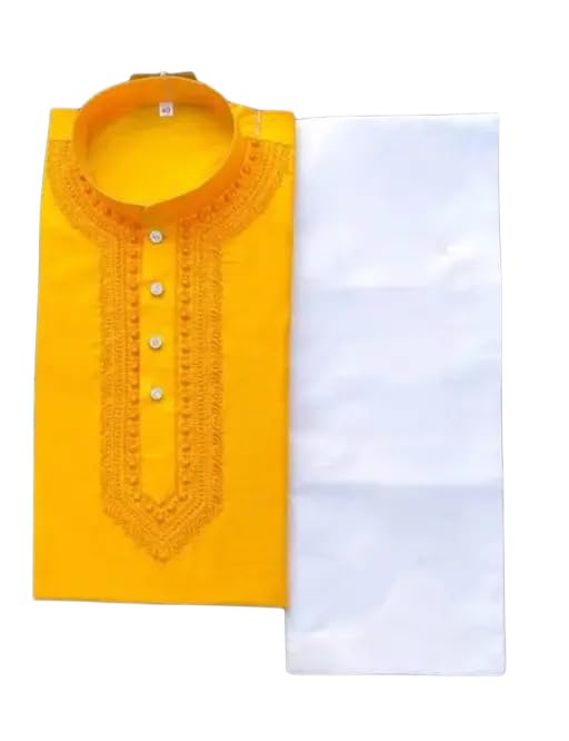 Men’s Yellow Cotton Kurta Pajama Set Comfortable Ethnic Outfit fo...