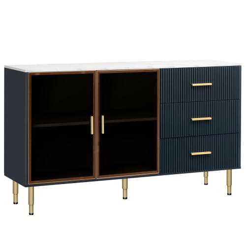 Ruisisi Modern Sideboard Cabinet Accent Buffet Storage Glass Doors Sideboard Cabinet Marble Top With Gold Metal Legs Buffet Storage Cabinet Console Table Kitchen, Navy Blue #TOP5