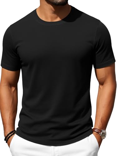 Runcati Men's Short Sleeve T-Shirt Premium Plain Crew Neck Tops Summer Gym Fitness Sports Shirt Lightweight Regular Fit Tee Black L