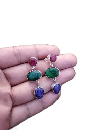 Ruby & Emerald & Sapphire Studs, 925 Sterling Silver, Colorful Studs, Party Wear Jewelry, Gypsy Boho Look, One OF A Kind, Fashion & Traditional Jewelry, Gothic Studs, Statement Studs, Artisan Studs