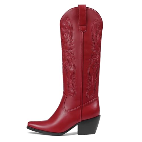 Erocalli Knee High Boots Women Cowgirl Cowboy Western Fall Chunky Block High Heel Tall Long Fashion Boot Side Zipper