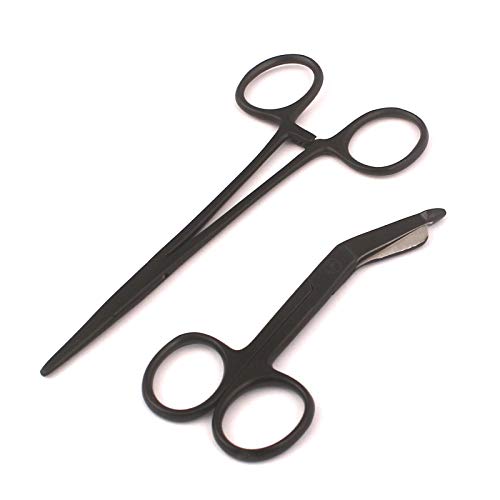 LAJA IMPORTS Heavy Duty All Black Lister Bandage Trauma Shears Scissors + Hemostat Forceps Straight Premium Quality (3.5" Scissors + 5" Straight Hemostat)