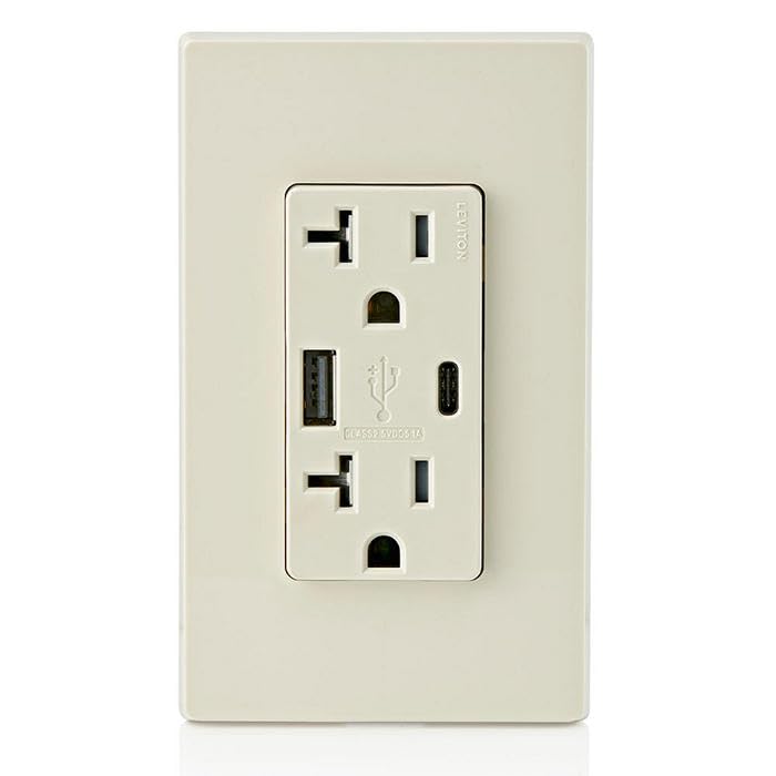Image of Leviton Type A & Type-C USB in-Wall Charger with 20A Tamper-Resistant Outlet, USB Charger for Smartphones and Tablets. Not for Laptops, T5833-T, Light Almond