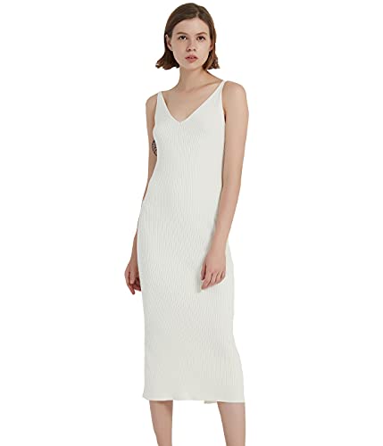 Image of Women's Sleeveless Sweater Dress Knit Slim V Neck Bodycon Midi Stretchable Elasticity Slim Fits