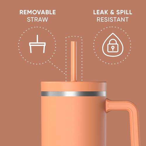 Image of Hydrapeak Voyager 40 Oz Stainless Steel Tumbler with Handle, Insulated Water Bottle With Straw & Lid, Cupholder Friendly Reusable Travel Mug (Apricot Crush)