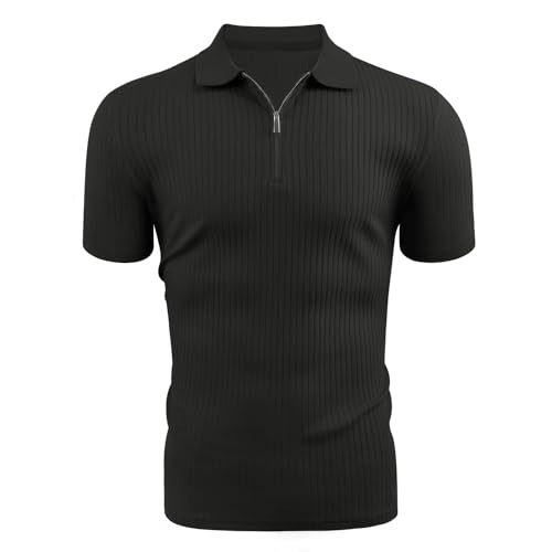 Zipper Muscle Polo Shirts for Men Slim Fit Short Sleeve Cotton Ribbed Knit Golf Shirt2