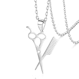VASSAGO Haarstylisten-Halskette, verstellbar Edelstahl Schere und Kamm Halskette Herz Haarstylisten Schmuck Friseur-Geschenk für Damen und Herren (Silber 1)
