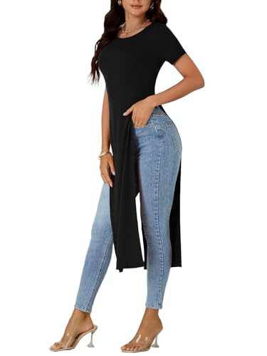 OPOIPIN Women's Crew Neck Split Slit Hem Short Sleeve Slim Fit Tee Top Long Shirt Tunic4