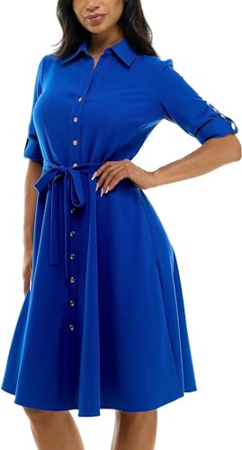 Image of Sharagano Women's Pleated Shirt Dress - 3 /4 Sleeve, V-Neck, Gold Buttons