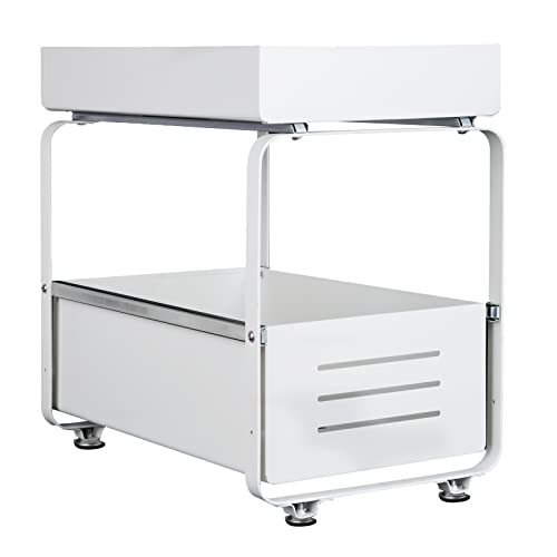 HUOLE Prateleira de gioma de qualidade com 2 prateleiras e cesta removível para cozinha ou bancadas, organizador de metal com revestimento de pó-40 * 25,5 * 39,5 cm-branco