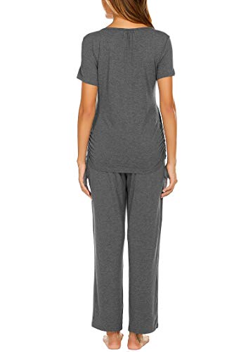 Ekouaer Breastfeeding Pj Set Soft Cotton Nursing Pajamas Short Sleeve Tops With Pants Loungewear Set For Women Dark Grey L #TOP4