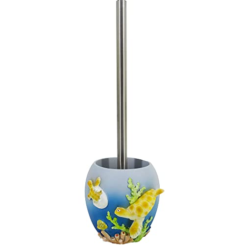 Ocean Blue Sea Turtle Toilet Brush Holder - 6-inch Resin Bathroom Organizer with Mother & Baby Design, Coastal Non-Slip Decor
