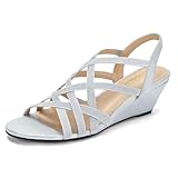DOBOLIN Women's Wide Width Wedge Sandals Wedding Party Dress Sandals Elastic Strap Open Toe Low Heel Comfortable Casual Summer Shoes Silver Wide Size 8.5