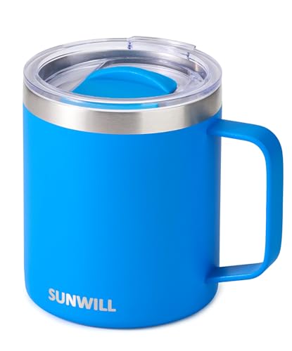 Image of SUNWILL Insulated Coffee Mug with Lid, Travel Tumbler with Handle, 14 oz Stainless Steel Cup for Camping, Office, Home, Powder Coated Royal Blue