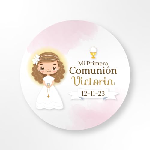 Pegatinas Comunion Personalizadas - Recuerdos Únicos y Detalles Comunion para Invitados | Etiquetas Adhesivas - 3 Modelos en Varios Tamaños (Rosa)