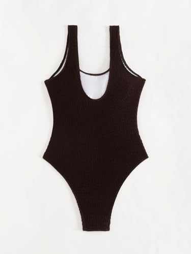 Image of Limeeke Women One Piece Swimsuit Solid Ribbed Monokini Swimwear Scoop Neck Low Back Bathing Suit