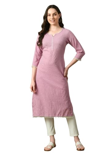Image of Amazon Brand - Tavasya Women Cotton Katha Straight Regular Fit Kurta | Solid Ethnic Kurti | 3 /4 Sleeve Casual & Office Wear |Kurta for Women