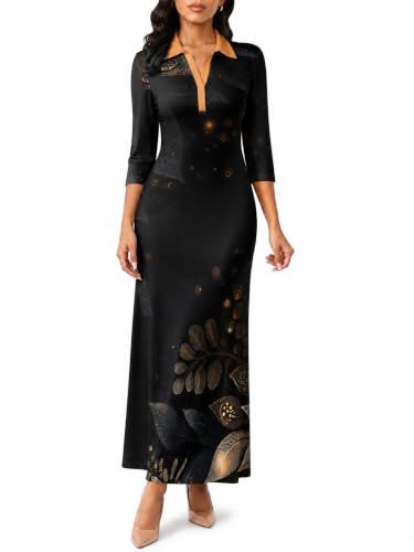 Image of PinkPatty Women's Casual 3 /4 Sleeve Polo V Neck Bodycon Maxi Dress | Semi formal, modest style, long fitted, versatile for church, work, business, office and daily wear