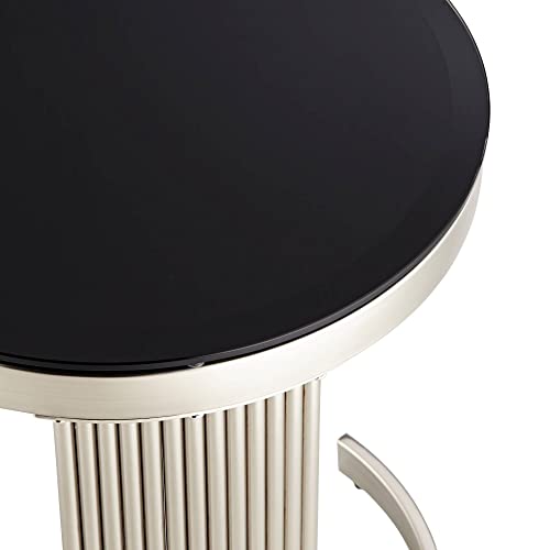 Studio 55D Georgina Modern Satin Pleated Round Accent Side End Table 21 3/4" Wide Silver Metal Frame Black Tempered Glass Tabletop For Living Room Bedroom Bedside Entryway House Office #TOP2