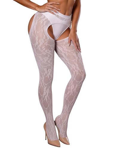 comeondear Collant Ouvert Sexy Femme Grande Taille Transparent XS-5XL Bas pour Porte-Jarretelles Dentelle Taille Haute Bas Hauts de Cuisse Collant Pantyhose...