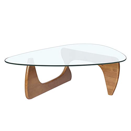 Pouleii Noguchi Coffee Table,Modern Coffee Table With Triangle Glass Top And Wood Base, Glass Coffee Table For Living Room, Patio, Home Office,Walnut,(0.75") #TOP1