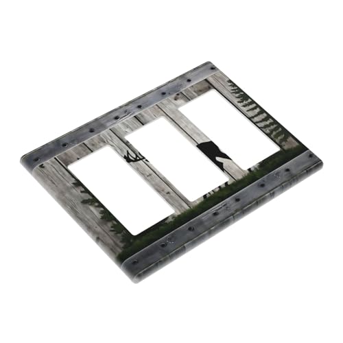 Decorative Outlet Covers Rustic Deer Elk Forest Grey Wood Board 3 Gang Wall Plate Triple Rocker Light Switch Cover Plate Jumbo Electrical Gfci Faceplate for Farmhouse Decor