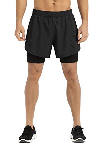 Gesean Mens Running Shorts，Workout Running Shorts For Men，2-In-1 Shorts，5-Inch Gym Outdoor Sports Shorts Black Medium #TOP1