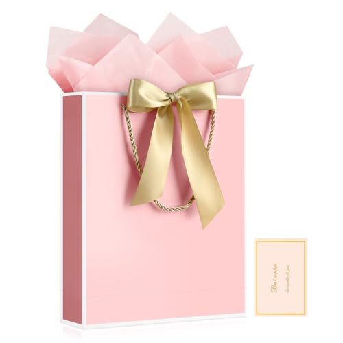 Image of JMANNI Gift Bag, 1PCS Gift Bags Large with Ribbon and 1 Greeting Cards 2 Tissue Paper, Portable Paper Gift Bag with Handles, Birthday Gift Bags,Present Bags for Wedding Party Mothers Day(Pink-White)