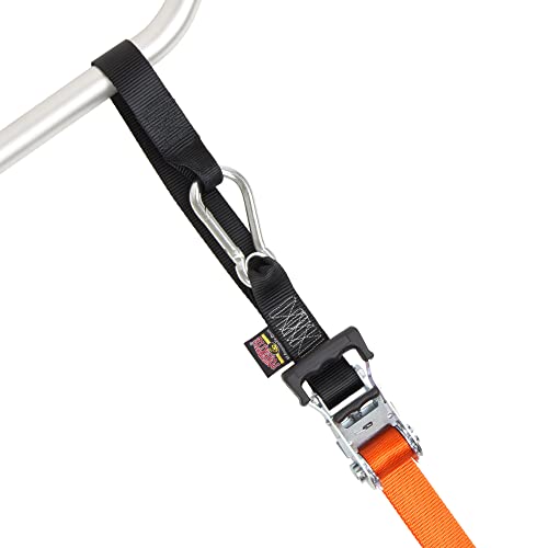 Image of PowerTye 1.5 inch x 10ft Extra Long Ratchet Tie Down Straps, Heavy Duty with Carabiner Hooks, Soft-Tye & Bag, for Motorcycle, ATV & Cargo - 1,000 lb WLL - Made in USA - Orange /Black Pair