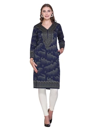 Image of REBECCA Women's Winter Woolen Kurti Jacquard Straight Fit Ethnic Wear with 2 Side Pockets