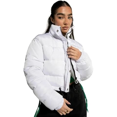 Womens Ladies Cropped Puffer Padded Quilted Long Sleeve Jacket Short Coat (M (10), White) Cover