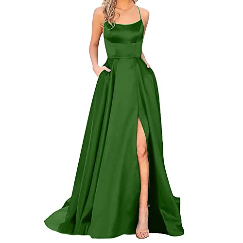 2025 Ballkleider Damen Lange Damen Elegant Neckholder Backless Lange KleiderCrisn Satin Spaghetti Party Abendkleid Seitenschlitz Hochzeit...