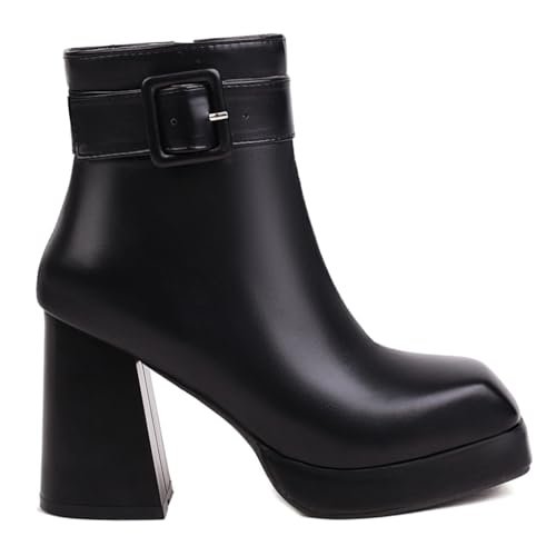 Women's Chunky Platform Ankle Boots Square Toe Buckle Side Zipper Block High Heel Dressy Short Bootie2