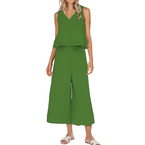 FANCYINN Women 2 Pieces Outfits Vacation V Neck Sleeveless Tank Crop Top Ruffle and Wide Leg Cropped Pants Set Tracksuit