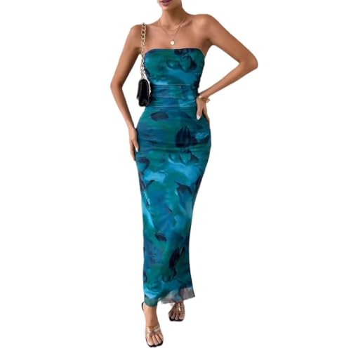 Image of Women's Mesh Floral Strapless Bodycon Maxi Dress Ruched Long Tube Dresses Summe Sexy Party Club Dress Y2K Dresses
