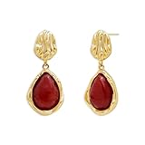 Sonateomber Gold Chunky Garnet Dangle Drop Earrings for Women,Statement Natural Red Gemstones Healing Teardrop Irregular Dangling Fold Earings Prom Wedding Accessories Fashion Jewelry Gift