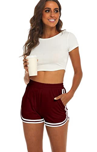 Caitefaso Women's Casual High Waist Sweat Shorts Running Track Shorts Pocket Sporty Shorts Burgundy #TOP4
