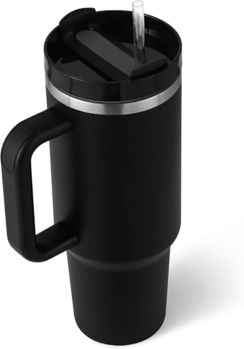 Image of Personalised with Your Name, 1200ml Tumbler with Straw-Handle-Stainless Steel Cup | Leakproof Sipper Mug for Hot-Cold Drinks |Coffee - WaterTumbler Black