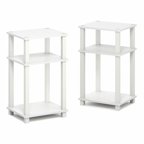 Image of Furinno JUST Side Table Set of 2, 3-Tier Open Shelf Modern End Table, Toolless Assembly Night Stand, Bedside Table with Square Tube, for Living Room, Bedroom, White