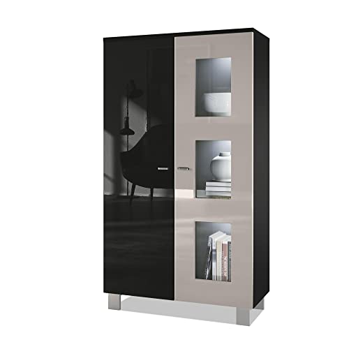 Vladon Vitrina Denjo, Cristalera con 2 Puertas y 3 Estantes de Cristal, Negro Mate/Negro de Alto Brillo/Gris Arena de Alto Brillo, incluida iluminación LED (71 x 129 x 35 cm) Cover