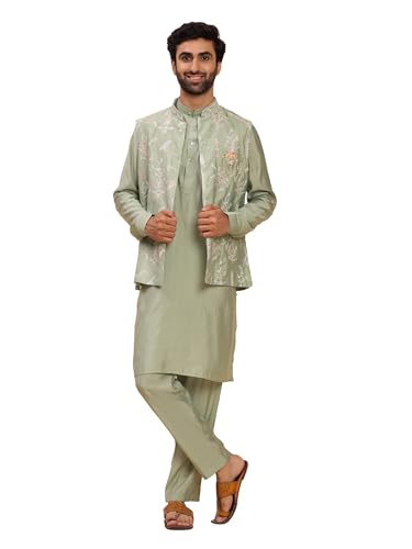 Mens Silk Kurta Trouser Set With Embroidered Waistcoat (Nehru Jacket) (C-127)