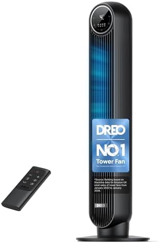Dreo 28dB Silent Tower Fan, 25 ft/s Velocity Electric Cooling Fan...