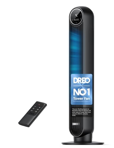 Dreo 28dB Silent Tower Fan, 25 ft/s Velocity Electric Cooling Fan with Remote, 90° Oscillating 4 Speeds 4 Modes 8H Timer LED Display, Quiet Standing Bladeless Floor Fans for Bedroom, Nomad One, Black